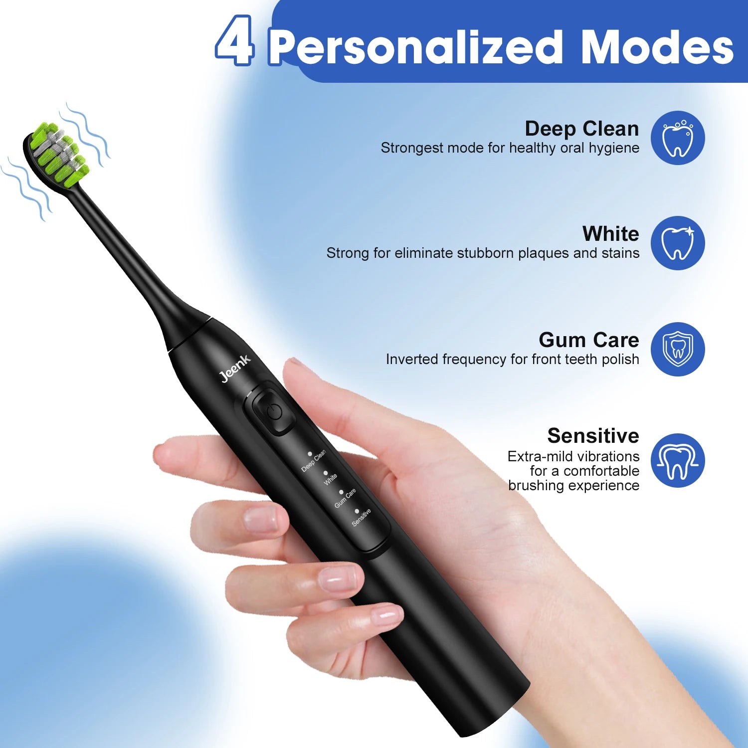Jeenk JK-Y05 Sonic Electric Toothbrush 4 Modes USB Charger with 6 Replacement Heads Smart Timer Waterproof Soft Bristles Adult