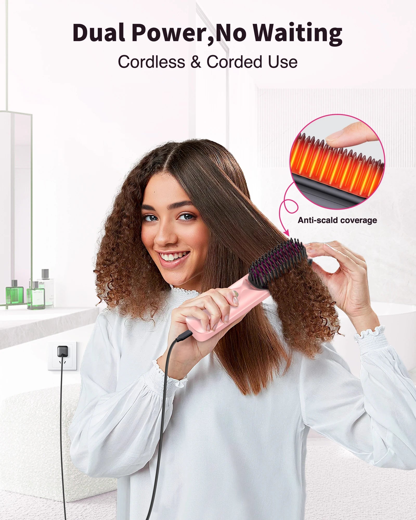 Cordless Hair Straightener Brush 10,000mAh Portable 300M Negative Ions for Frizz-Free Shine Fast Heating, Gift for Women