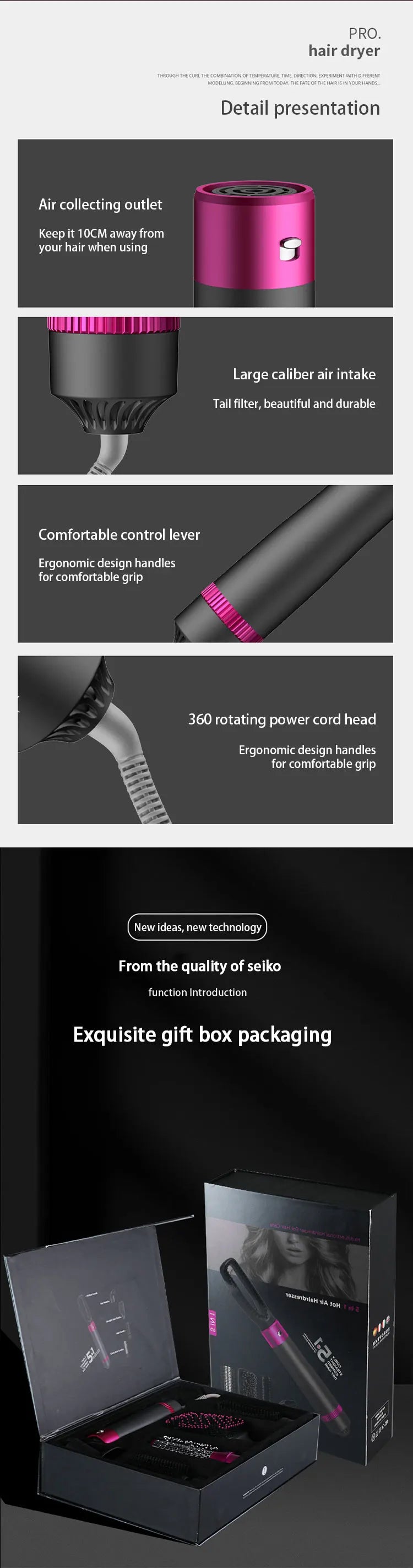 HOMEFISH 5 in 1 Hair Dryer Brush Hot Air Brush & Volumizer Styler Set with Interchangeable Brush Head Negative Ionic Blow Dryer