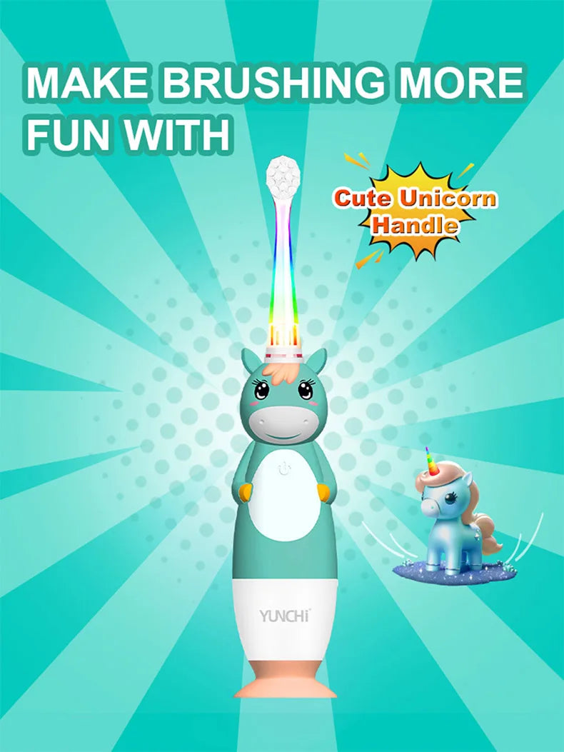 Toddler Sonic Electric Toothbrush for Baby with Cute Unicorn Cover and Smart LED Timer Soft Microfiber Bristles 4 Brush Heads