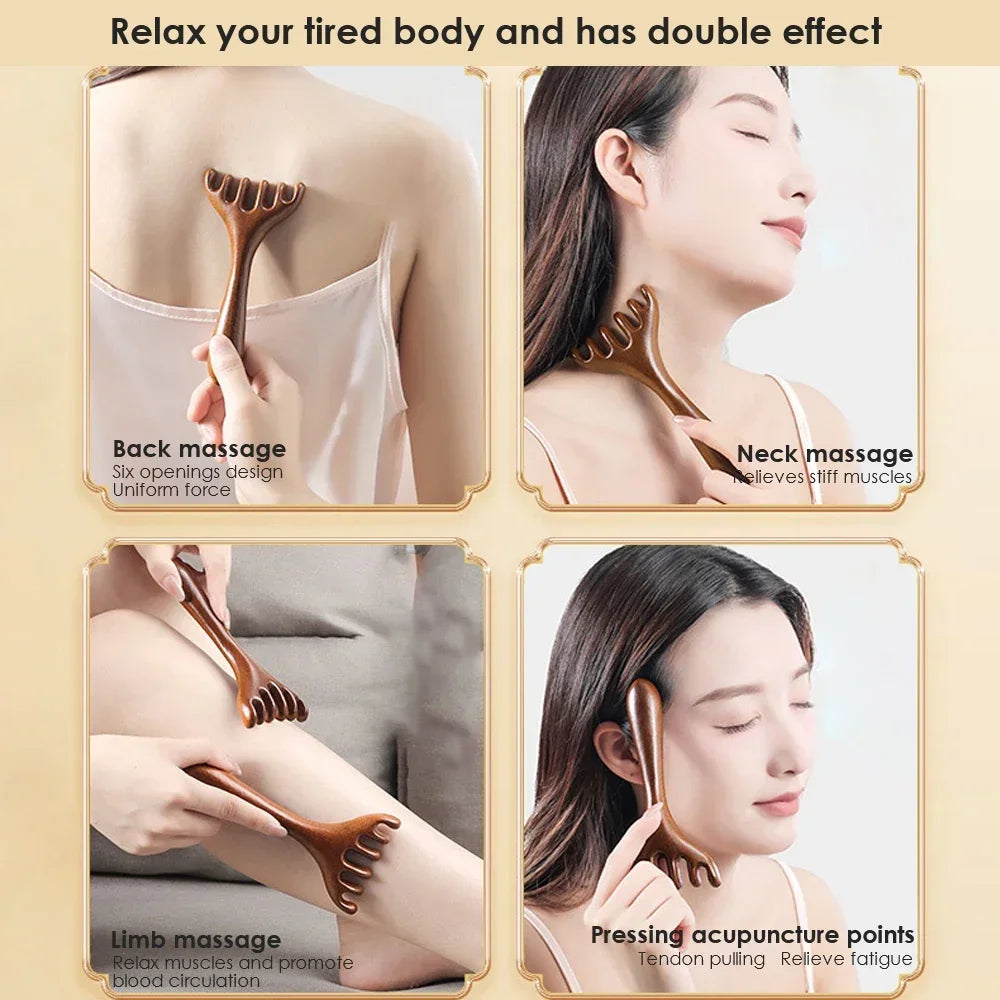 Natural Sandalwood Massage Comb Six-Claw Head Acupoint Massage Gua Sha Tool Neck Face Lifting Scraping Massager