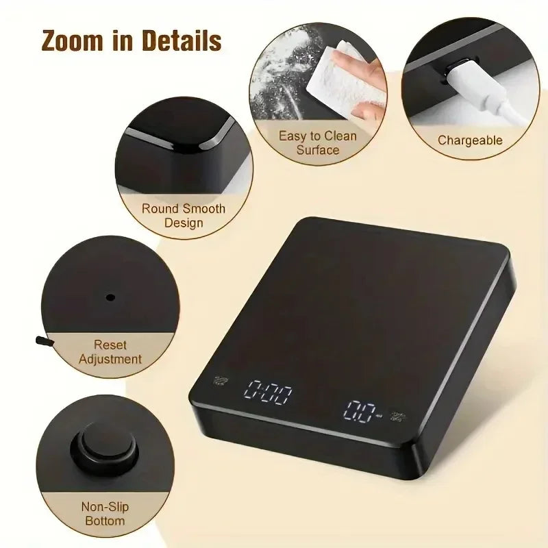 Digital Rechargeable Coffee Scale with Timer 3kg Max 0.1g Precision LED Screen USB Espresso Kitchen Scale for Brewing