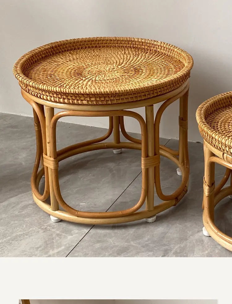Handwoven Rattan Balcony Side Table Vintage Sofa Coffee Table  Durable Dessert and Snack Stand Japanese  Bedroom Organizer