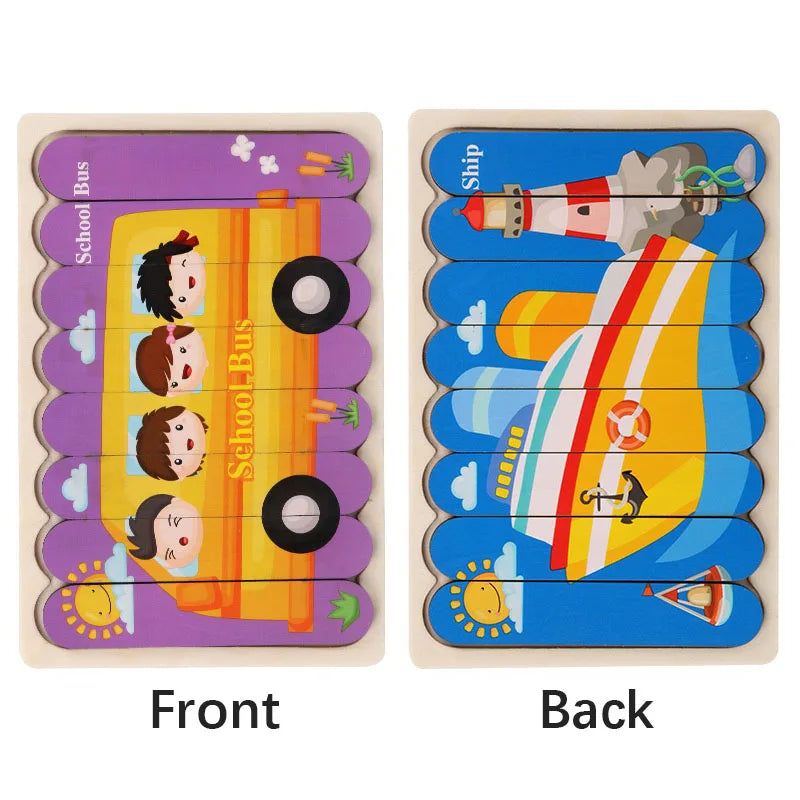 Cartoon Animal Double-sided Strip Wooden Puzzles Kids Montessori Jigsaw Game Baby Educational Toys for Children