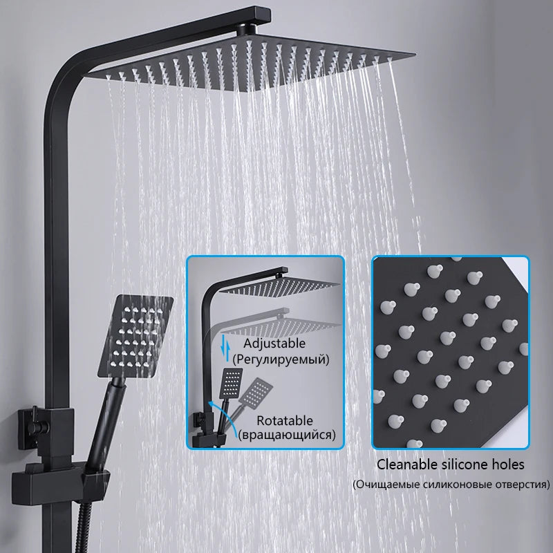 Black Gold Bathroom Shower System Brass Hot Cold Bathroom Faucets Set Accessories 10 Inch Stainless Steel Rain Shower Head