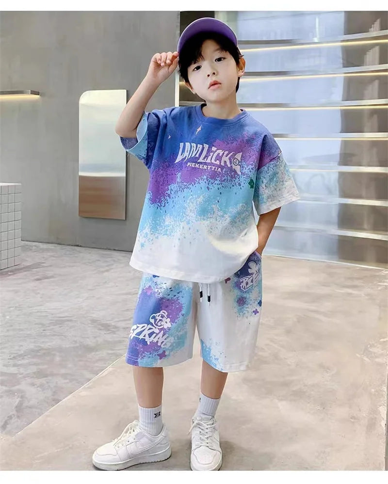 Boys Loose Casual Sets Summer Teen Gradient T-shirts+Shorts 2Pcs Big Kids Sport Short Sleeve Clothes Suits Children Print Outfit