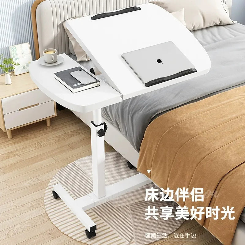 Tilting Overbed Table with Wheels, Height Adjustable Bedside Desk, 2 Tilting Desktops, Mobile Laptop Table Stand Desk