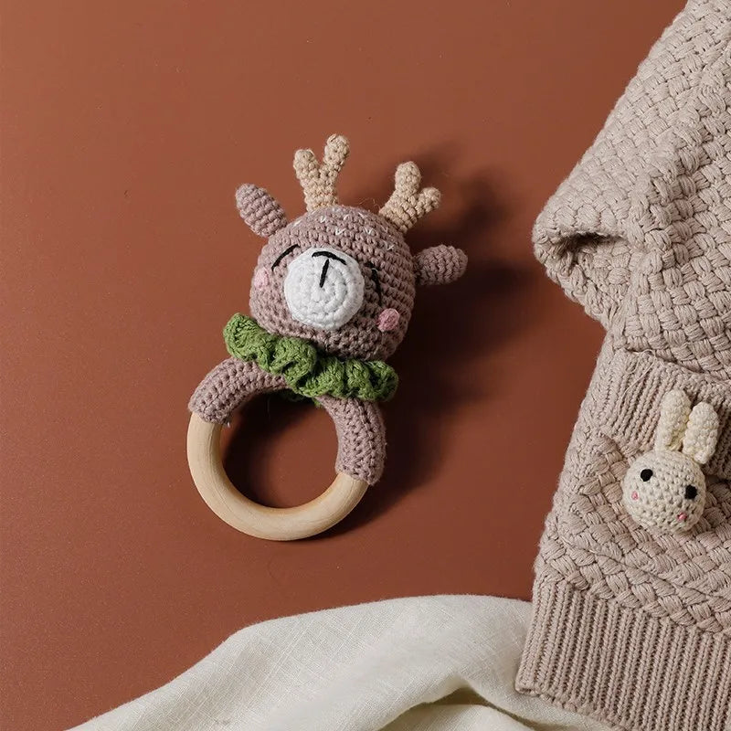 Let's Make Baby Rattles Crochet Bunny Rattle Toy Wood Ring Baby Teether Rodent Baby Gym Mobile Newborn Educational Rattles Toys