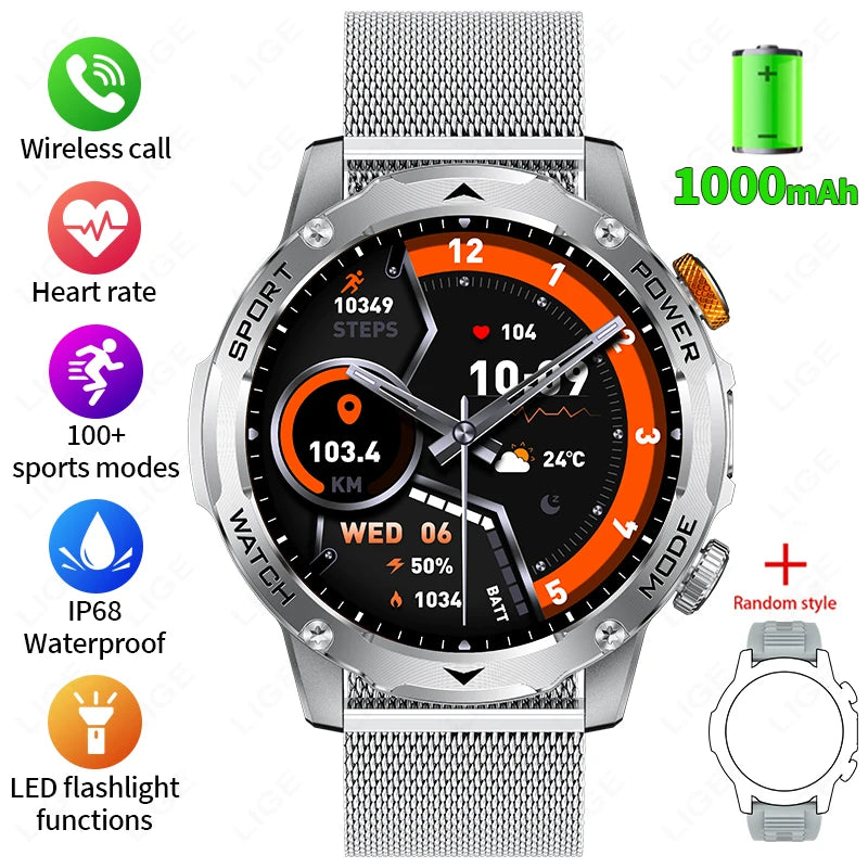 LIGE Military Smart Watch Men 1000mAh Battery Outdoors LED Flashlight Waterproof Heart Rate Sport BT Call 1.7" AMOLED Smartwatch
