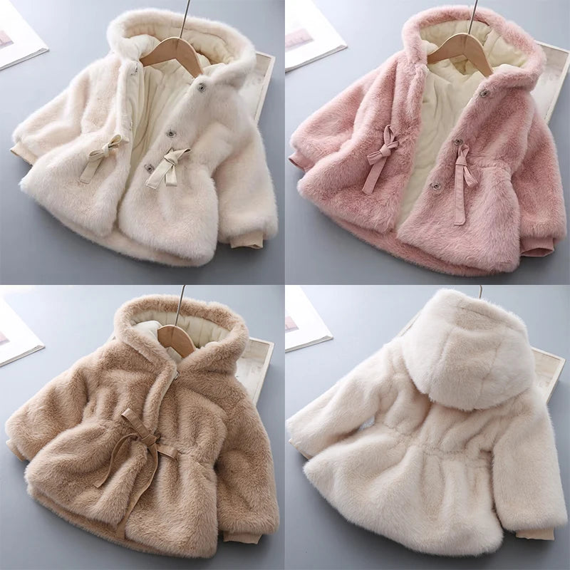 Winter Girls Coat Super Warm Mink Fur Padded Thickened Long Sleeve Hooded Coats Baby Kids Children Jacket Plush Outerwear