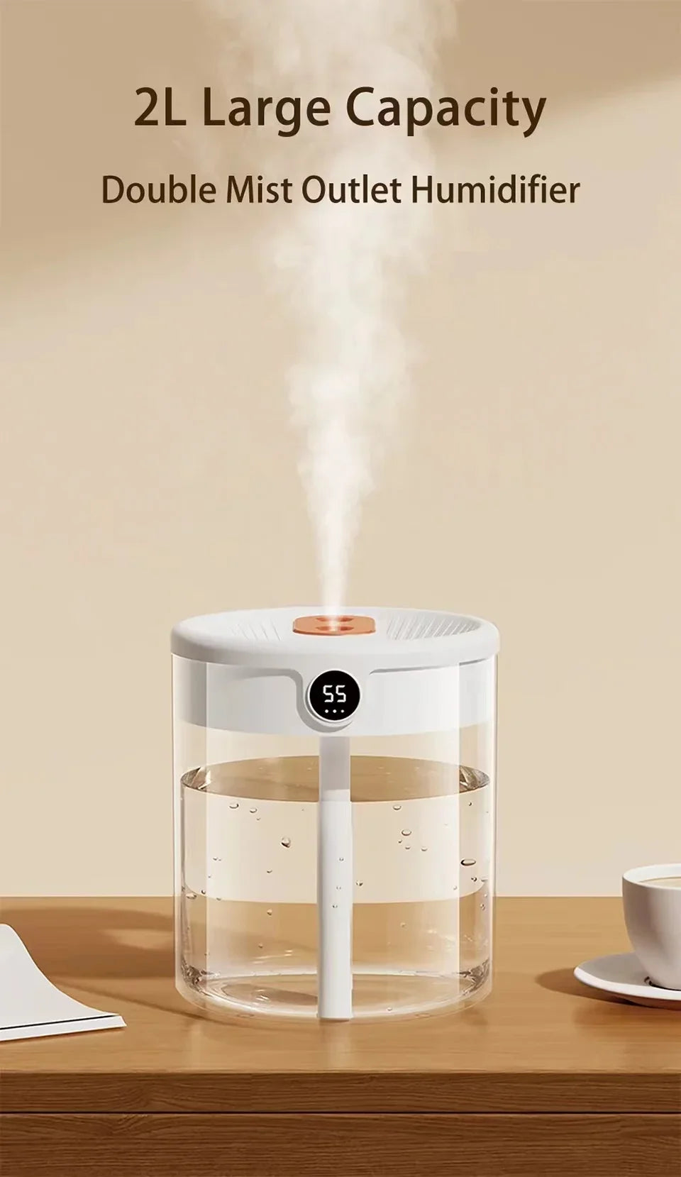 Dual Spray Humidifier USB Large Capacity Home 2L Quiet Bedroom LED Digital Display Night Light Office Desktop Mini Diffuser