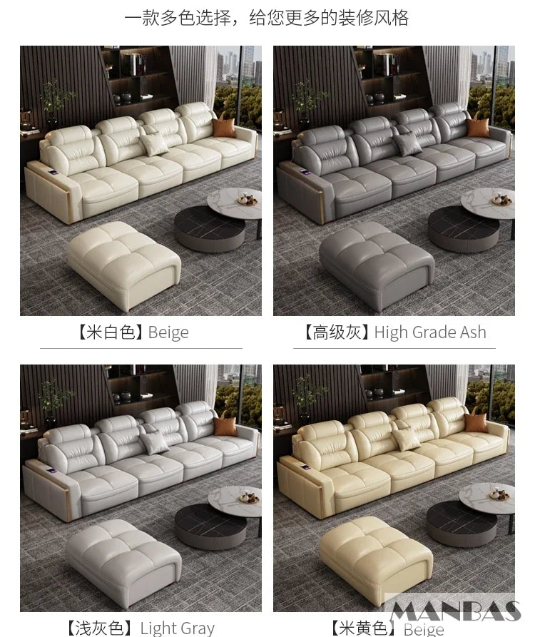 Premium Italian Genuine Leather Sectional Sofa Sets Couch Sofas with USB and Bluetooth Speaker - MANBAS Living Room Furniture