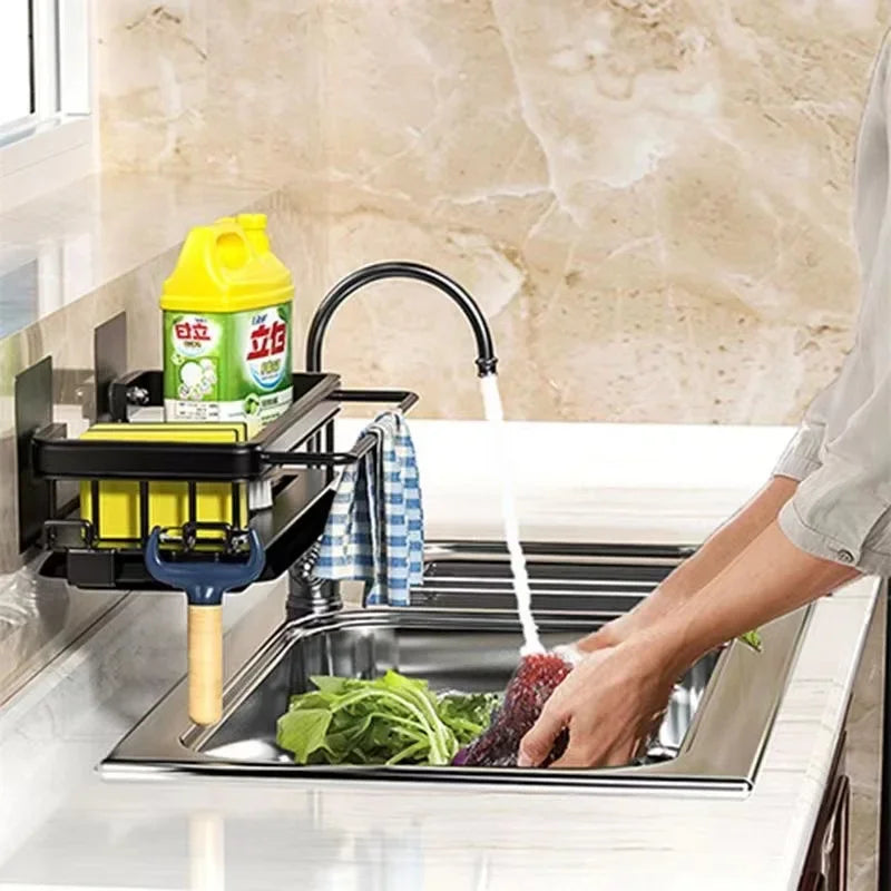 Aluminum Kitchen Storage Rack No-drill Sink Drain Rack Self-draining Sink Shelf Sponge Holder Dishcloth Towel Rack Filter Basket