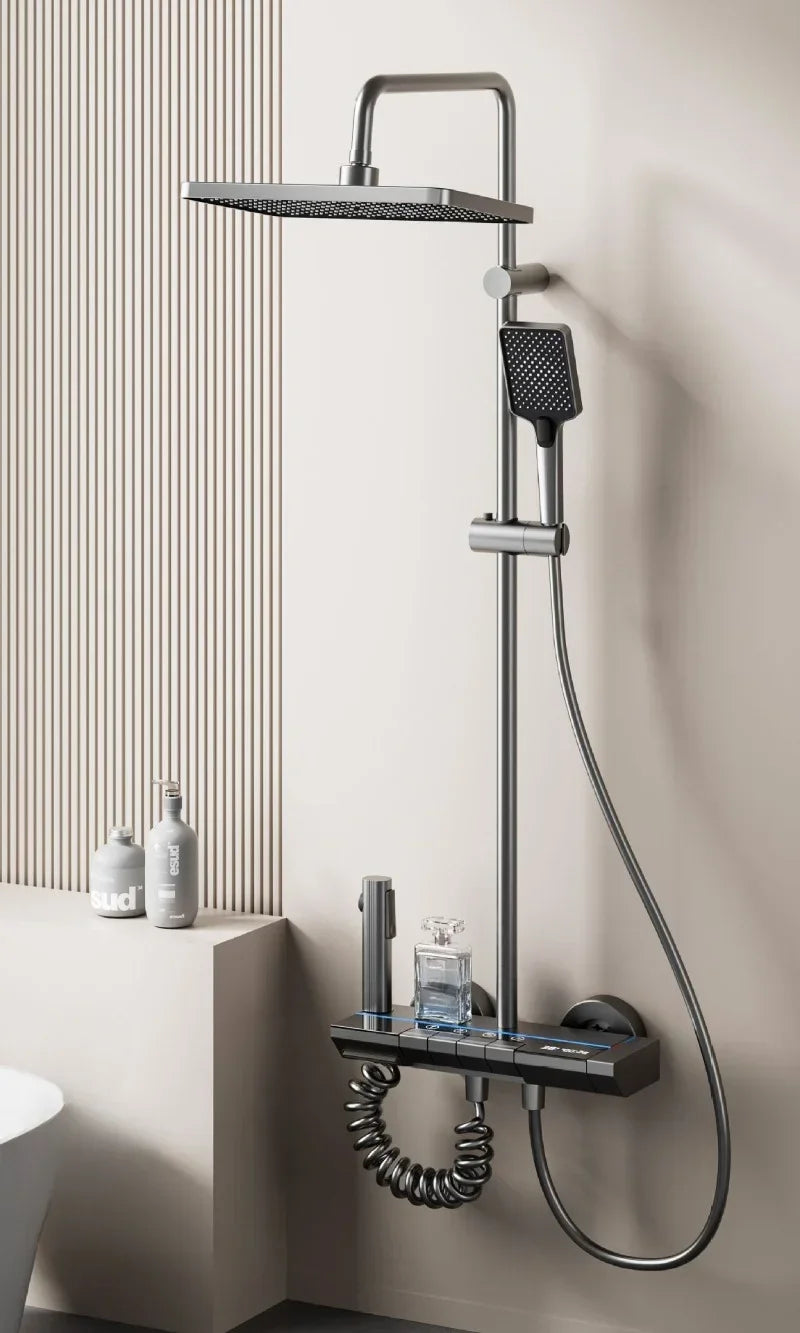 Grey Intelligent Digital Shower System Wall Mounted Bathroom Shower Faucet Set Temperature Display Rainfall Bathroom Shower Set