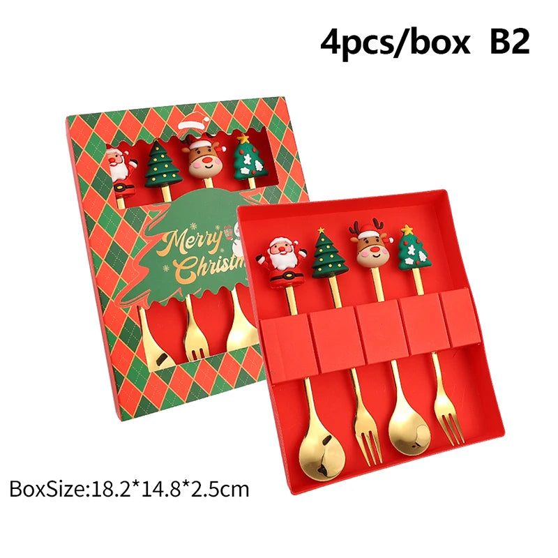 2/4/6Pcs Christmas Fork And Spoon Set,Stainless Steel Creative Tableware,Coffee Tea Dessert Forks And Spoons Gift Set