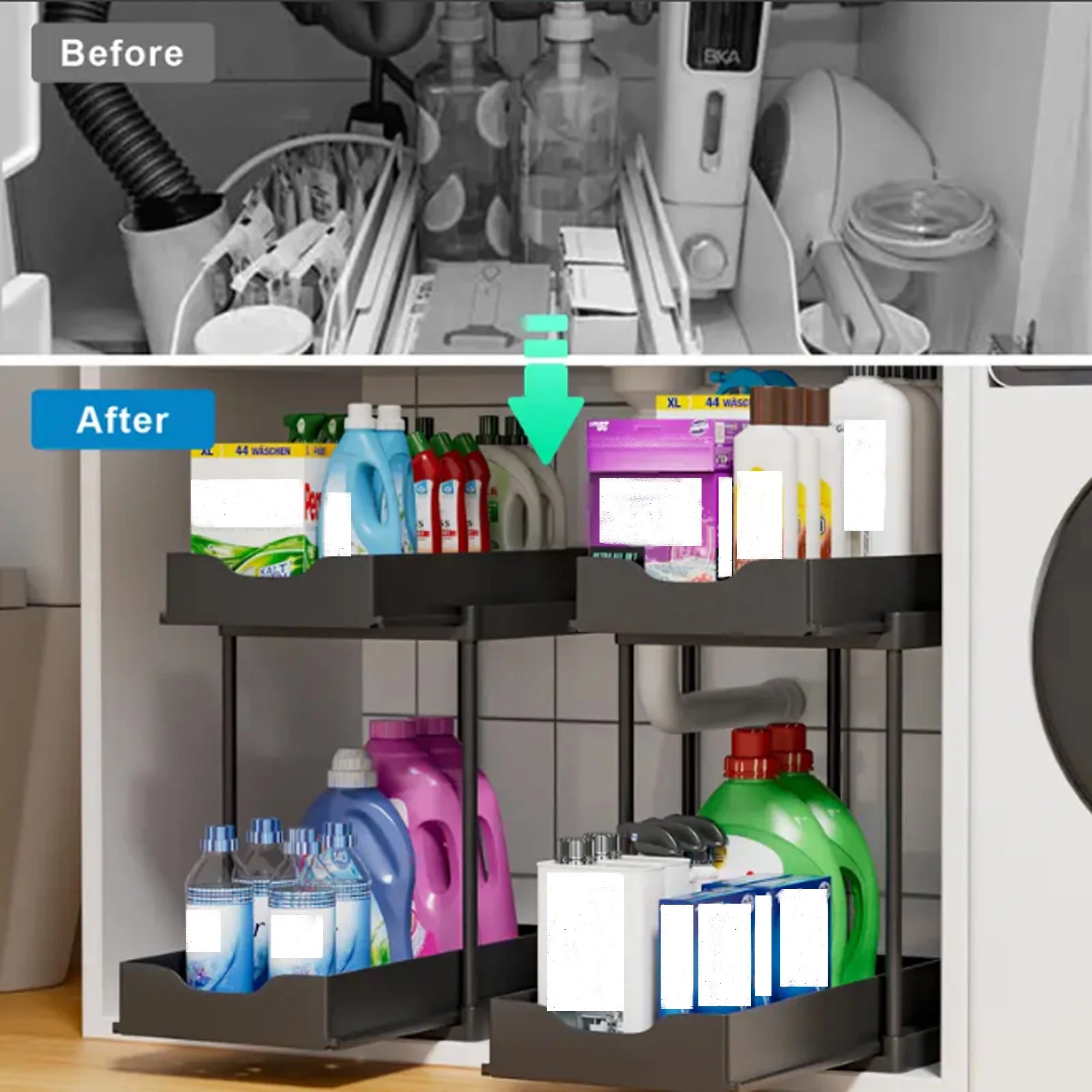 Double-Layer Pull-Out Kitchen Storage Rack, Non-Slip, Stable, Multi-Functional Storage Box with Five Hooks, under Sink Brush, Double-Layer Drawer Storage Rack, Suitable for Kitchen and Bathroom Countertop Sink Storage