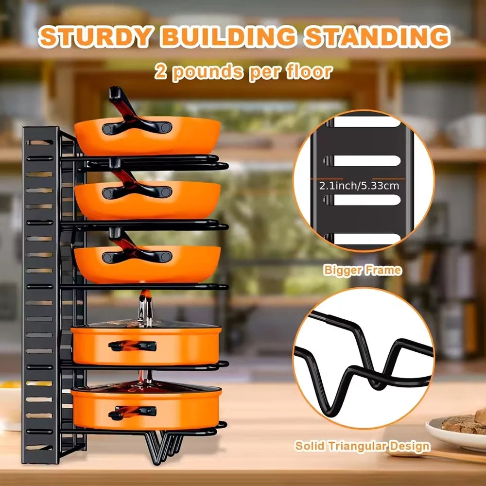 5/8-Tier Adjustable Pot Rack Organizer - Vertical Space-Saving Countertop Storage for Pans Multi-functional Kitchen Shelf