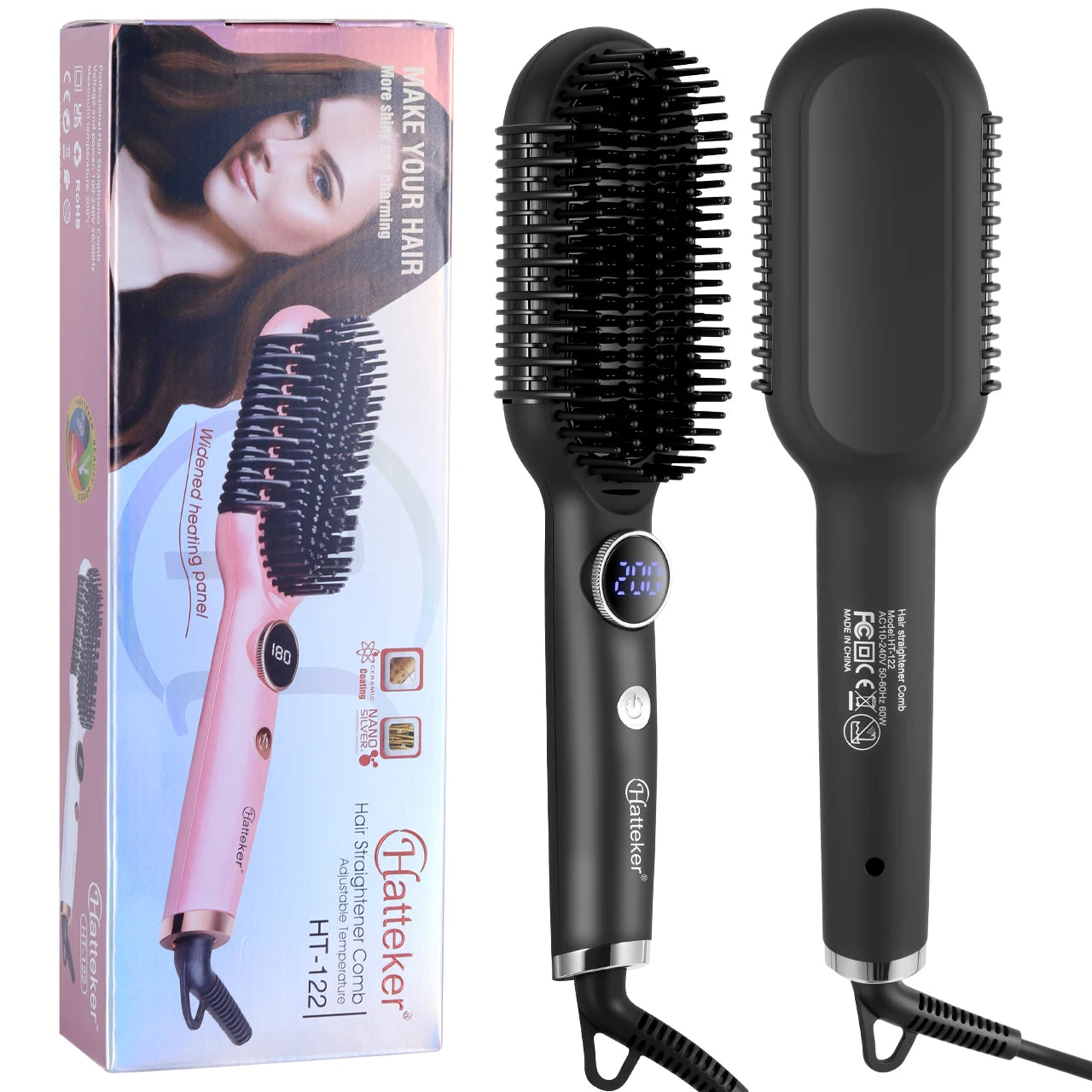 Hatteker Multi-Setting Hair Styling Comb Adjustable Temperature Volumizing Straightening/Curling Brush Hair Straightener Comb