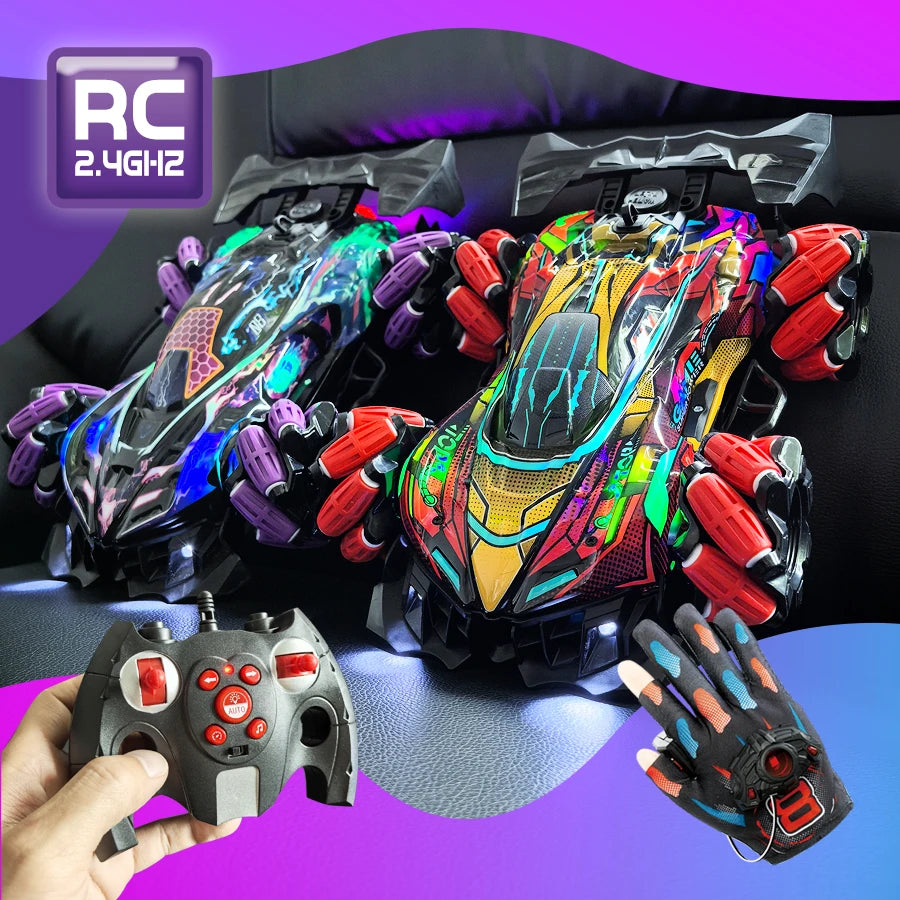 4Wd Rc Stunt Car with Sprayer & Namu Wheels, 2.4g Remote Control Drift Vehicle, Colorful Led Lights & Sound Off-Road Toys Gift F