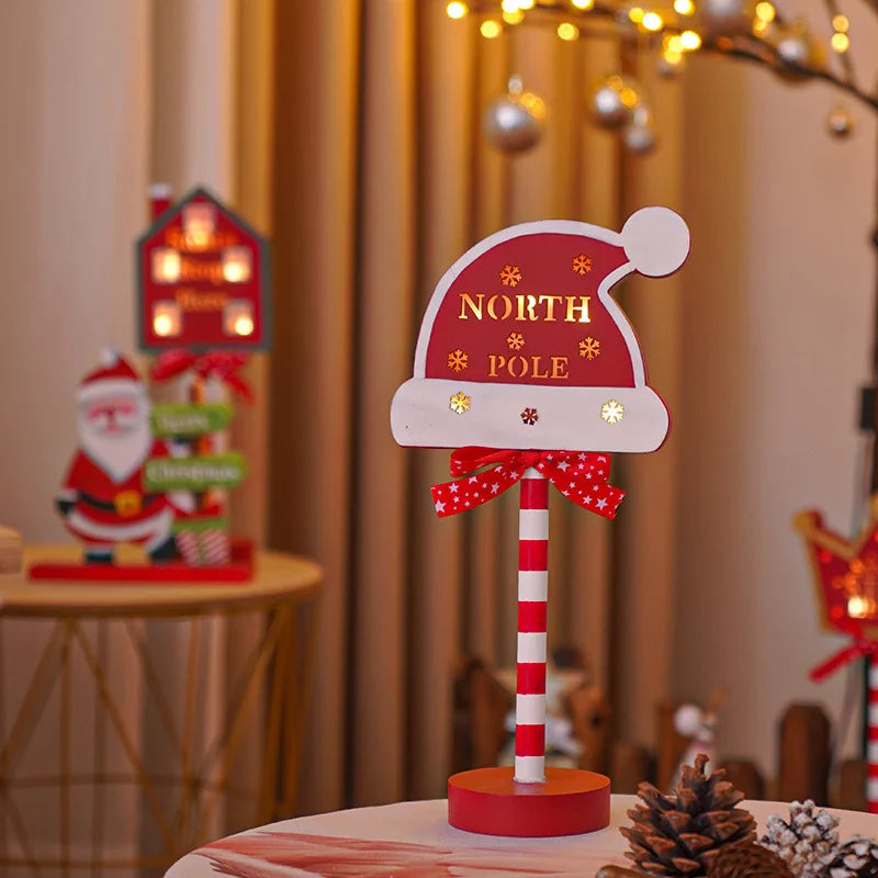 Christmas Retro Lamp LED Light Santa Stop Here Street Sign Xmas Wooden Desktop Home Decoration Navidad 2025 New Year Kids Gift