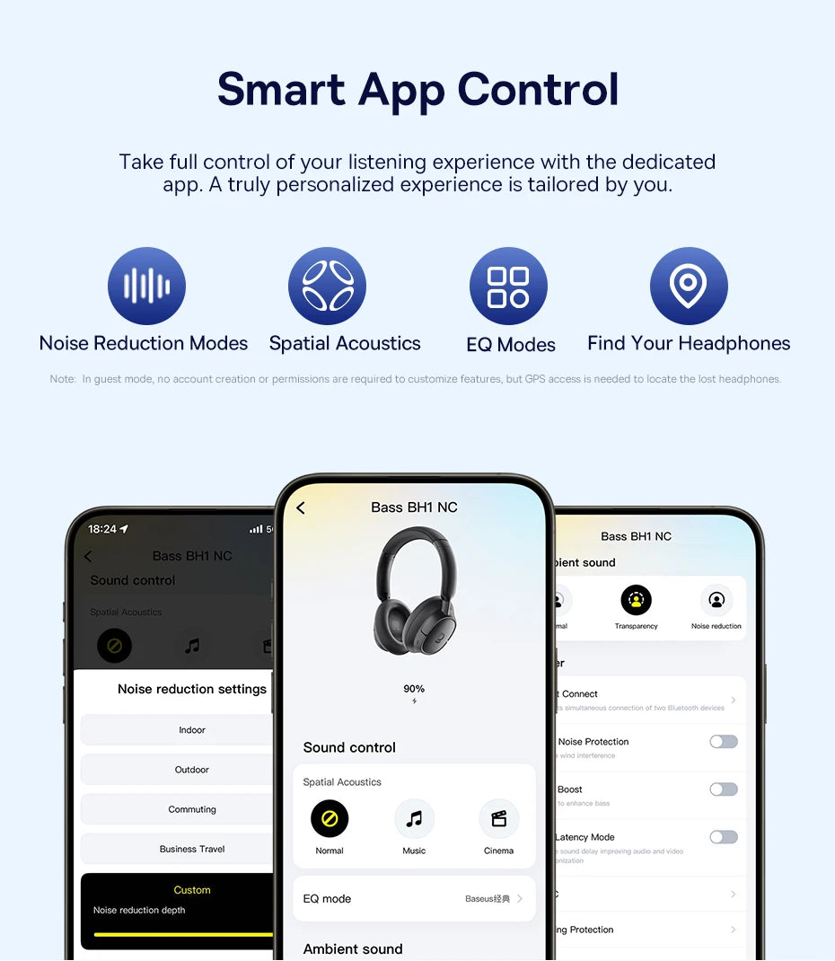 Baseus Bowie H1s Wireless Headphones Bluetooth 5.4 Noise Canceling 46dB Over Ear Headset Hi-Res Spatial Audio Earphone 120H Time