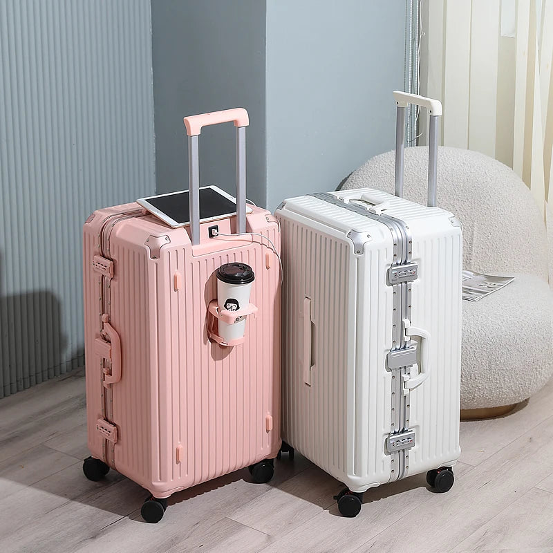 Large Capacity Travel Luggage Aluminum frame Suitcase Trolley Case 24/28/30 inch Travel Suitcase with Cup Holder Boarding Case