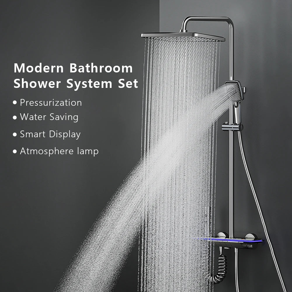 Modern Bathroom Faucet Set Wall Mounted LED Display Rain Shower System Bathtub Hot and Cold Mixer Crane Gun Gray Shower Full Set
