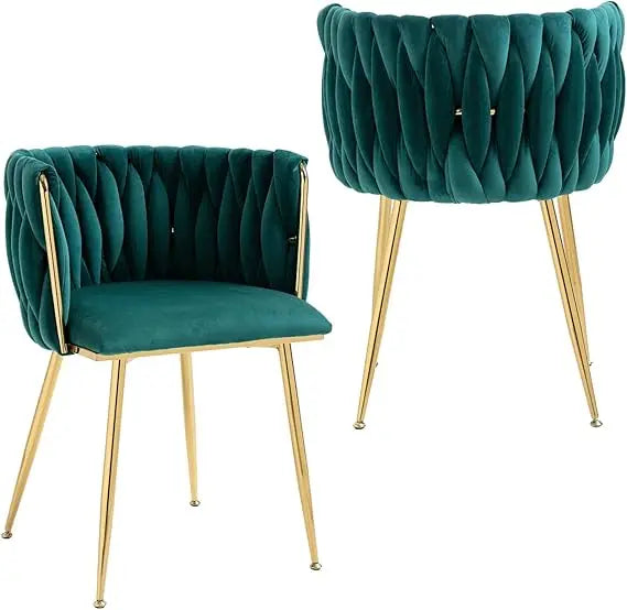 Velvet Dining Chairs Set of 2, Woven Upholstered Dining Chairs with Gold Metal Legs, Modern Accent Chairs for Living Room,