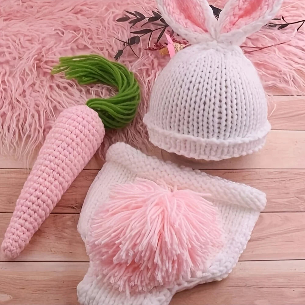 1 Set Handmade Blend Newborn Bunny Outfit, Baby Rabbit Photography Props, Crochet Knitting with Ears Hat and Carrot Accessory