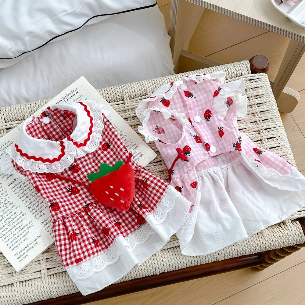 Strawberry Dress For Dogs Summer Spring Cute Plaid Female Girl Puppy Pet Cat Apparel Clothes Yorkie Chihuahua Small Medium Pugs
