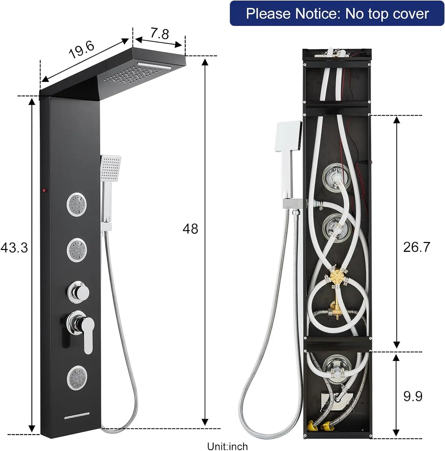 KEMAIDI LED Shower Panel Tower System with Rainfall Waterfall Shower Black Shower Panels with Jets and Rainfall and Handheld