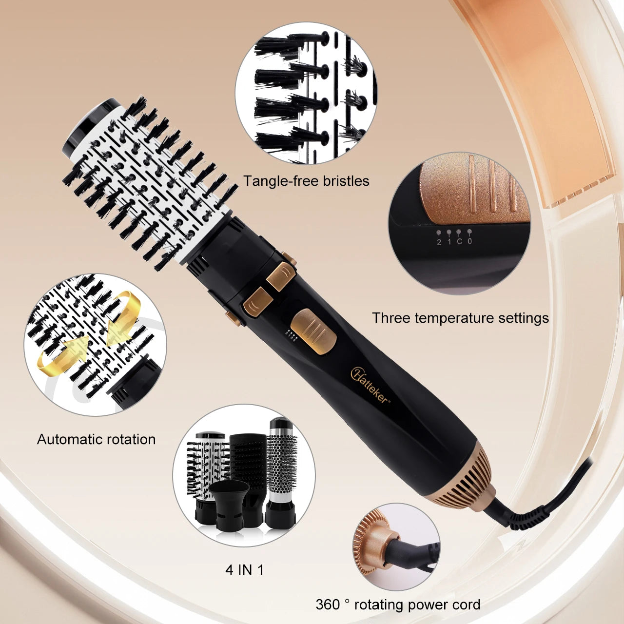 Hatteker EU 4-Head Hot Air Brush Hair Dryer Strong Wind Electric Straightener Curler Roller Comb Blower Styling Tool for Woman