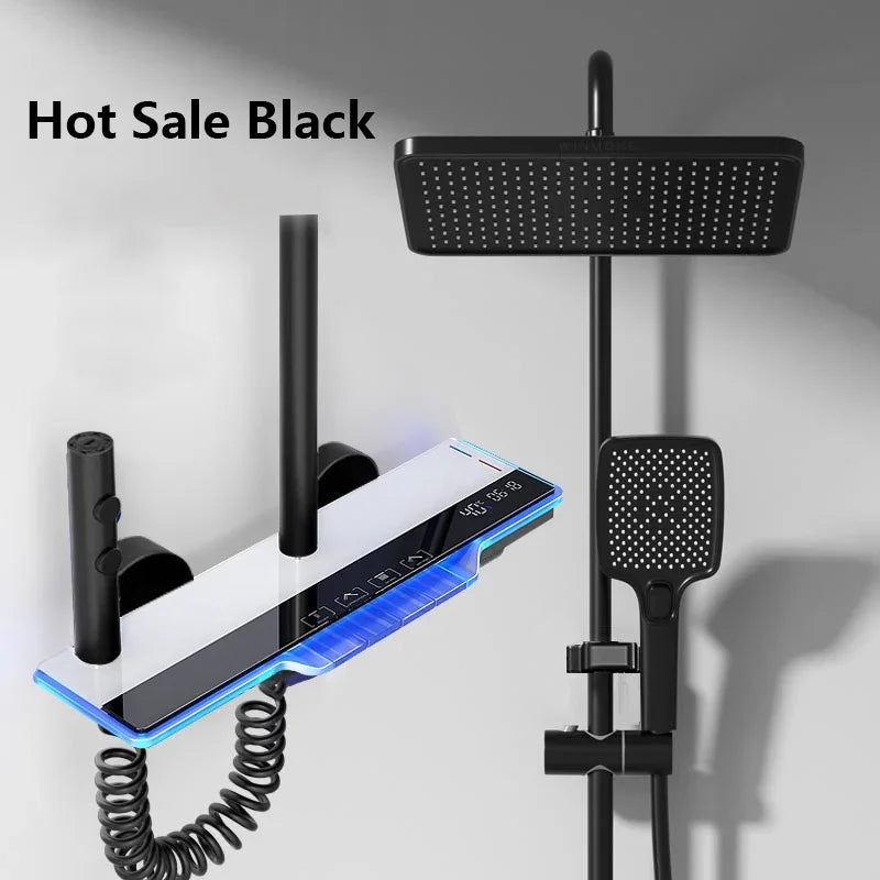 Ambient Light Bathroom Shower Full Set Wall Mount Bathtub Mixer Rain Digital Display Black Shower System Waterfall Shower Faucet