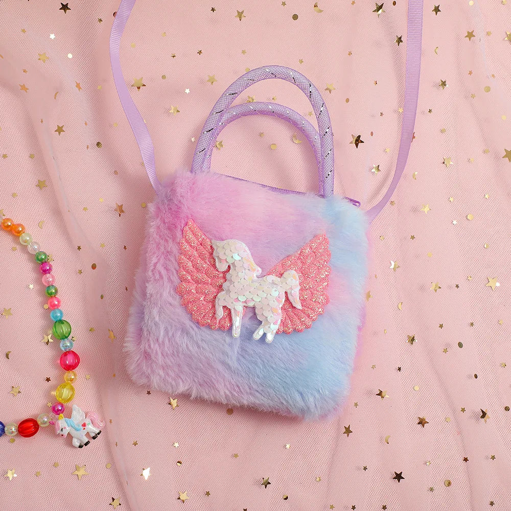 1 Piece Cute Furry Cartoon Kids Shoulder Bag for Girl Plush Shiny Cartoon Unicorn Crossbody Bag Baby Small Stuff Storage Bag