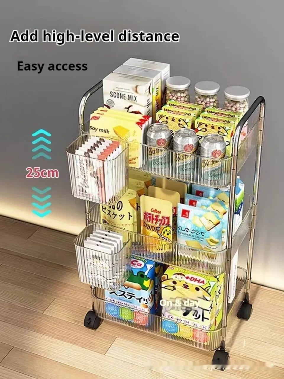 3 Layers Transparent Storage Rack Trolley Acrylic Rolling Cart with Hanging Basket Bathroom Acrylic Makeup Bookshelf organizer