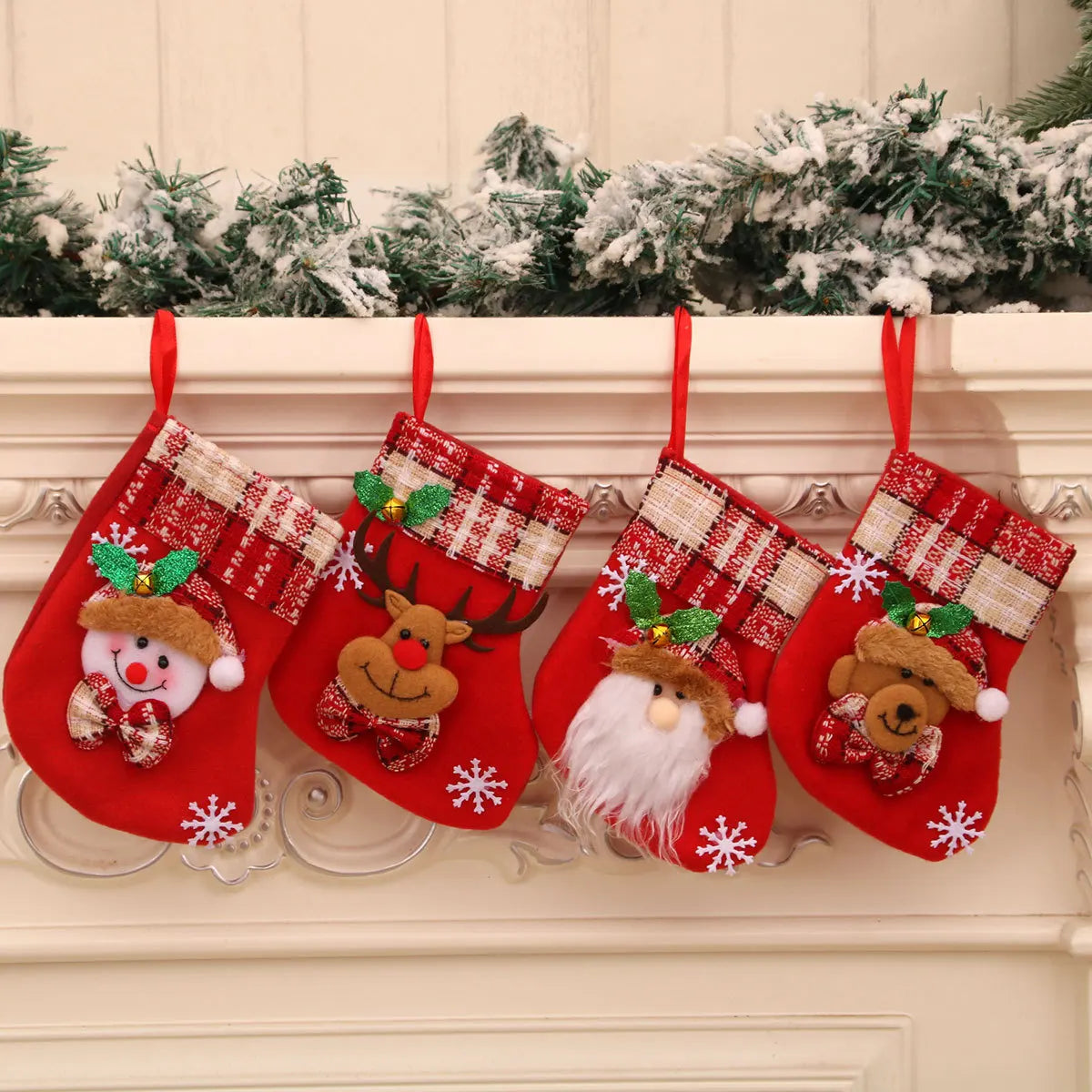 4PCS Red Christmas Stocking Brown Plaid Sock Mouth Santa Claus Snowman Reindeer Bear Doll Christmas Stocking New Year Home Decor