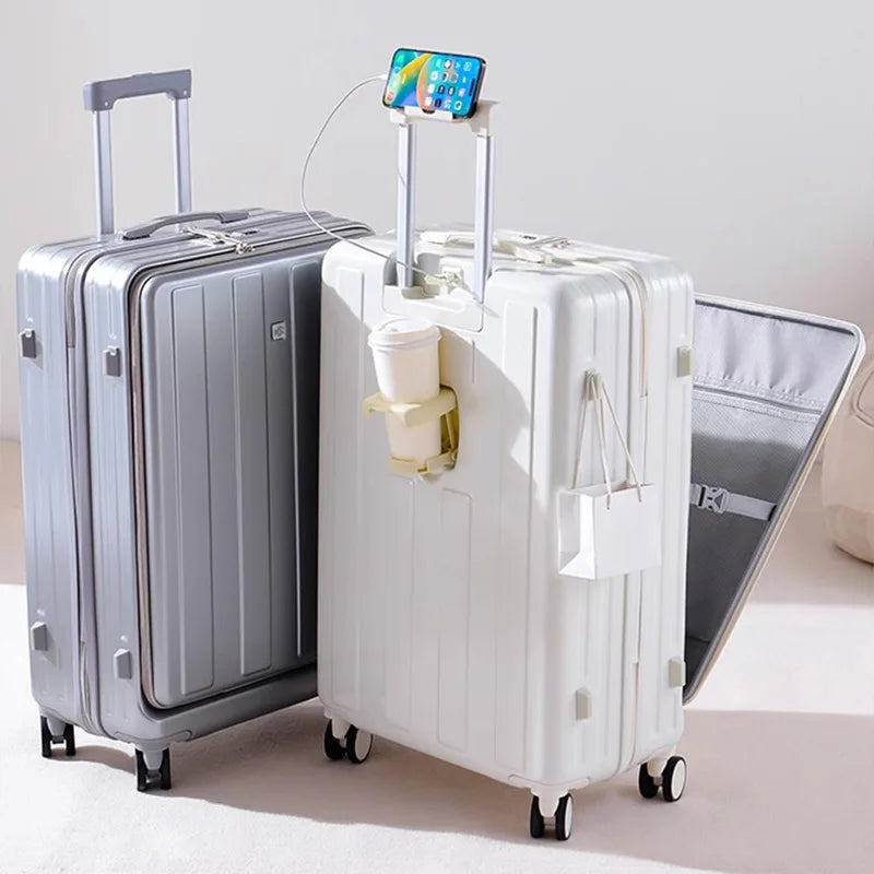 Multifunction Large Capacity Luggage Business Carry on Boarding USB Charging Cup Holder Front Opening Lid Trolley Suitcase