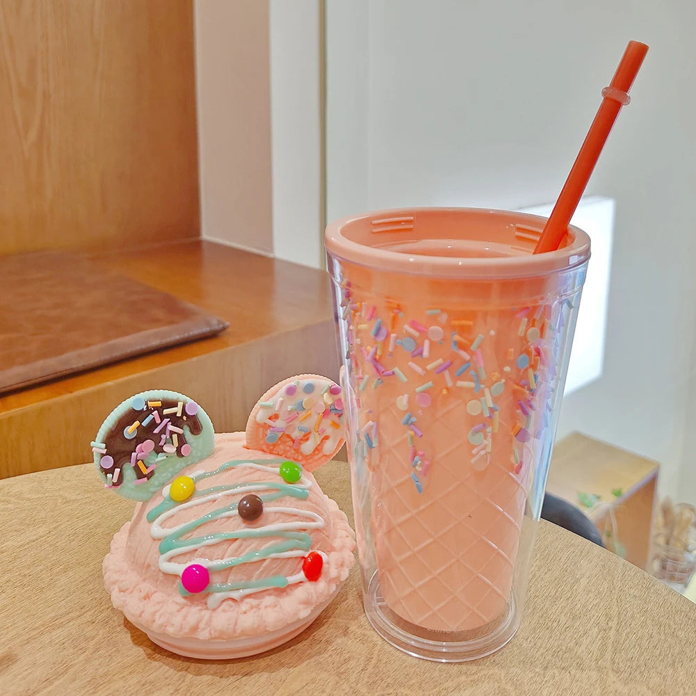 450ml Cute Straw Cup,Ice Cream Lids for Stanley Tumbler,Reusable Plastic Cups,Summer Drinkware Cold Brew,Girl Water Bottle Gift