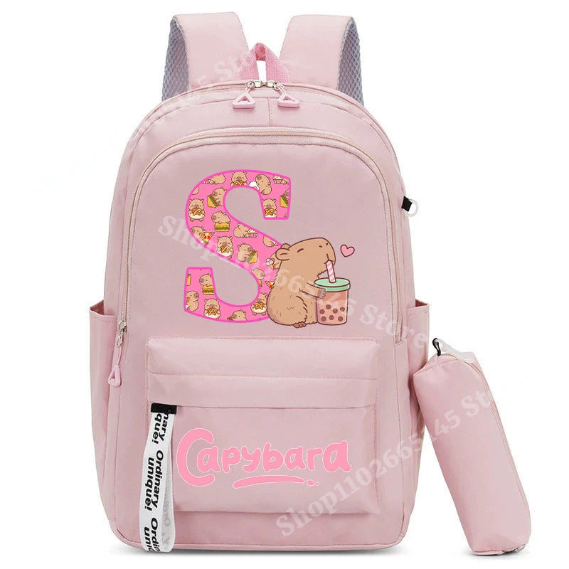 Cute Capibara Kids Backpack with Pencil Case Capybara Kawaii Girls School Bag Stationery Pouch Children Letter A-Z Rucksack Gift