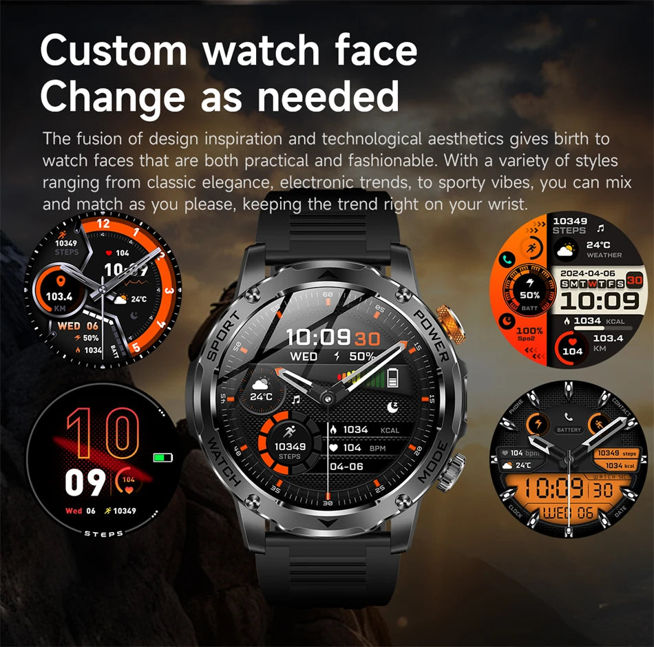 LIGE Military Smart Watch Men 1000mAh Battery Outdoors LED Flashlight Waterproof Heart Rate Sport BT Call 1.7" AMOLED Smartwatch
