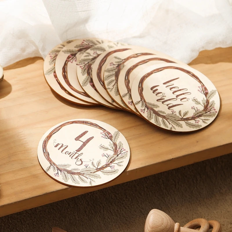 Baby Wooden Monthly Memorial Milestone Cards Flower Monthly Newborn Engraved Age Photography Accessories Baby Birthing Gift