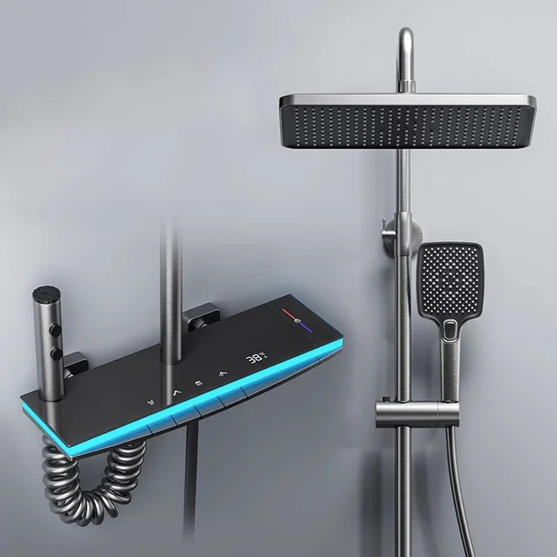 Hot Cold Piano Digital Shower Set 12 Inch Rainfall Shower Head Brass Bathtub Mixer Faucet Thermostatic Bathrooom Shower System