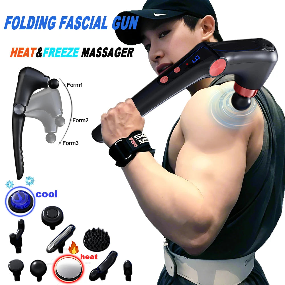 Fascia Gun Massage with Hot and Cold Heads Adjustable Angles Portable Percussion Back Massager for Muscle Neck Body Fitness
