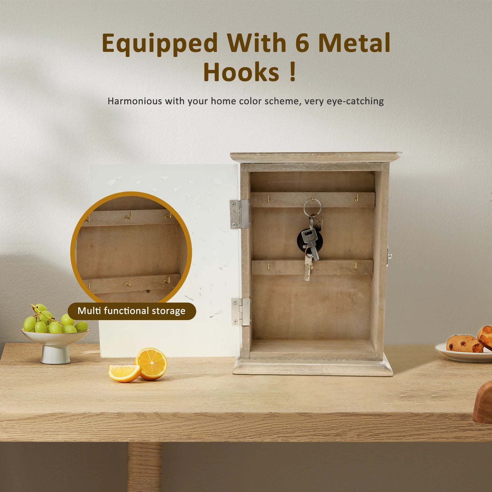Wood Key Cabinet Box with 6 Hook Wall Hanging Key Storage Ornaments Vintage Key Box for Home Office Entryway Hallway Living Room