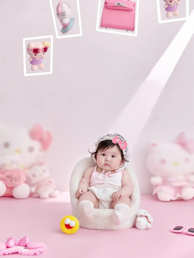 Cute Pink Cartoon Theme 3-4 Month Baby Photography Clothing Kit Kt Cat Doll Studio 100 Days Baby Girl Art Photo Props Accessory