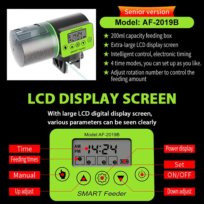 Smart Automatic Fish Feeder with Digital Timer, Electric Food Dispenser for Aquarium Tank, Easy Fill for Vacation & Holiday Feed