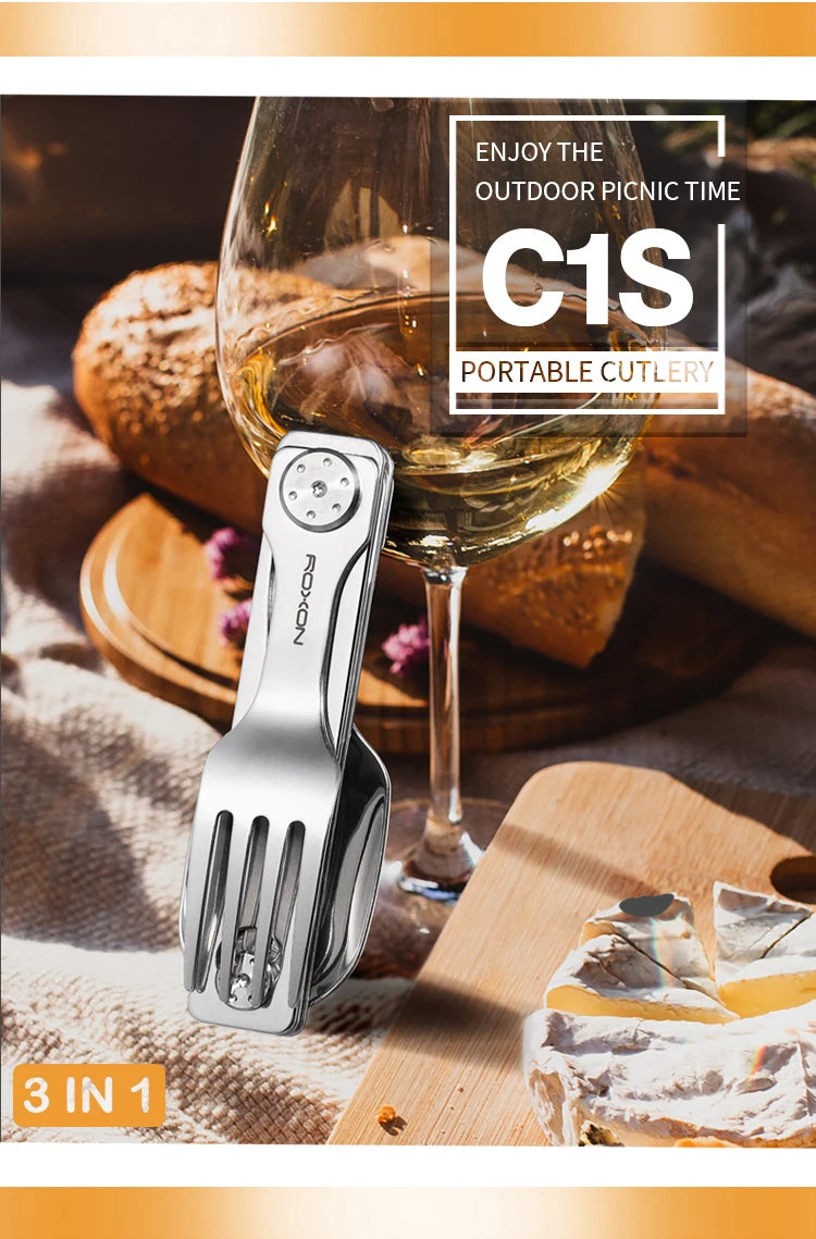 ROXON 3 IN 1 Camping Cutlery Set Knife Fork Spoon Stainless Steel Portable and Detachable
