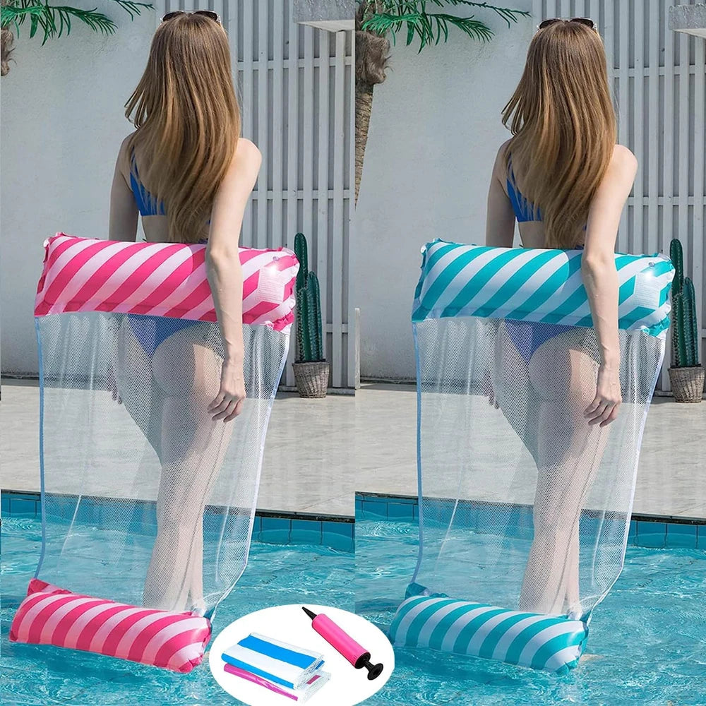 Foldable Striped Inflatable Lounge Chair, Suitable For Swimming Pool Parties And Beach Leisure Floating Beds With Net Backrest