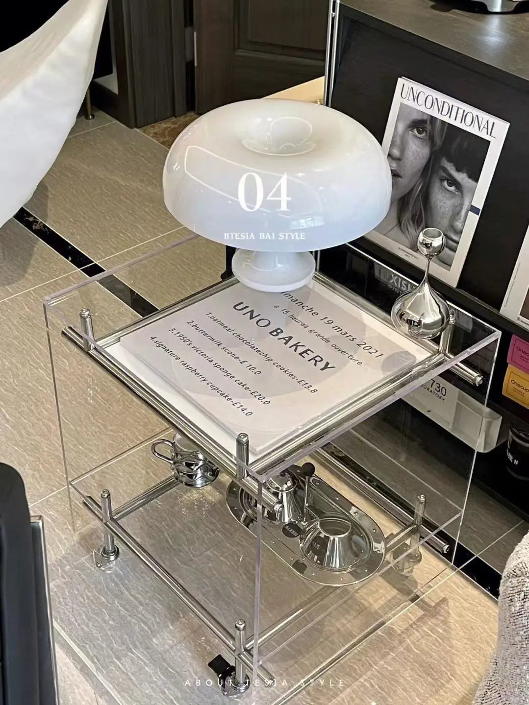 Acrylic Side Table Transparent Trolley Style Living Room Coffee Table Storage Cabinet Mobile Bedside Table Minimalist