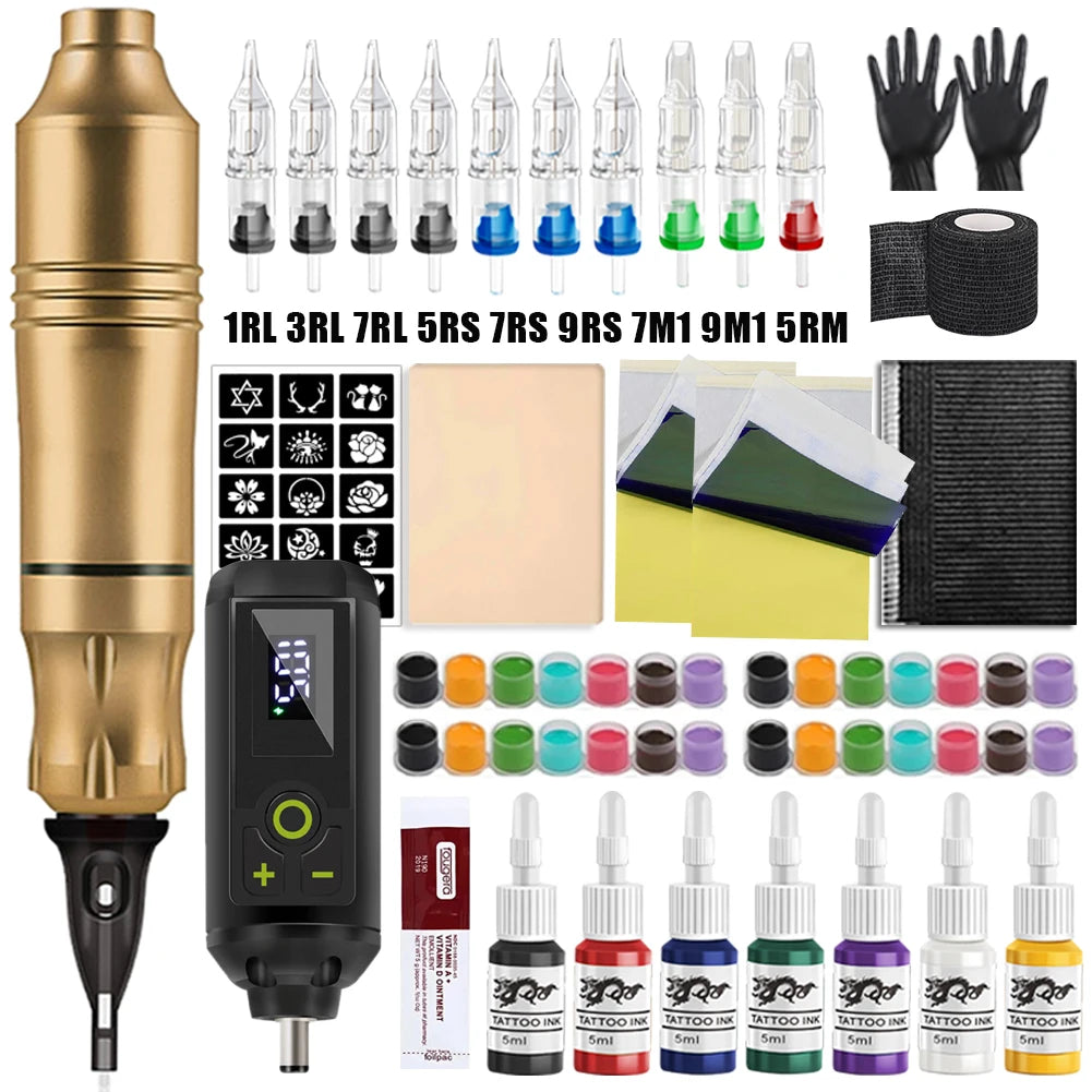 Professional Wireless Tattoo Machine Kit Rotary Tattoo Pen Kit with Wireless Power Supply Inks Needles for Tattoo Beginners Kits